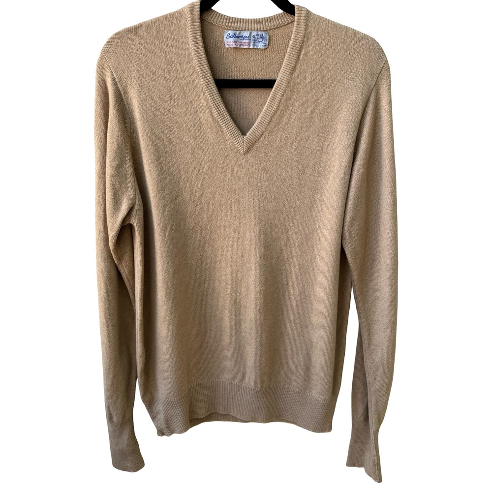 Ballantyne Vintage Scottish Cashmere Old Money Preppy V-Neck Sweater Mens Tan L